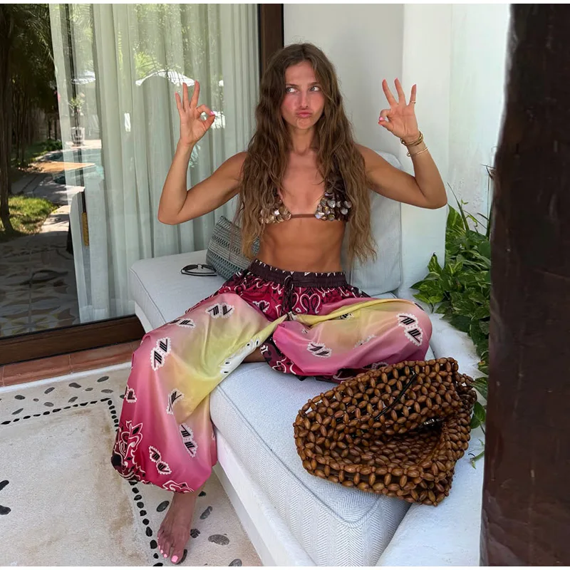 2026 Summer Gradient Contrast Print Harem Pants Oversize Baggy Elastic Waist Boho Trousers Women New Trendy Classy Lady Bottoms