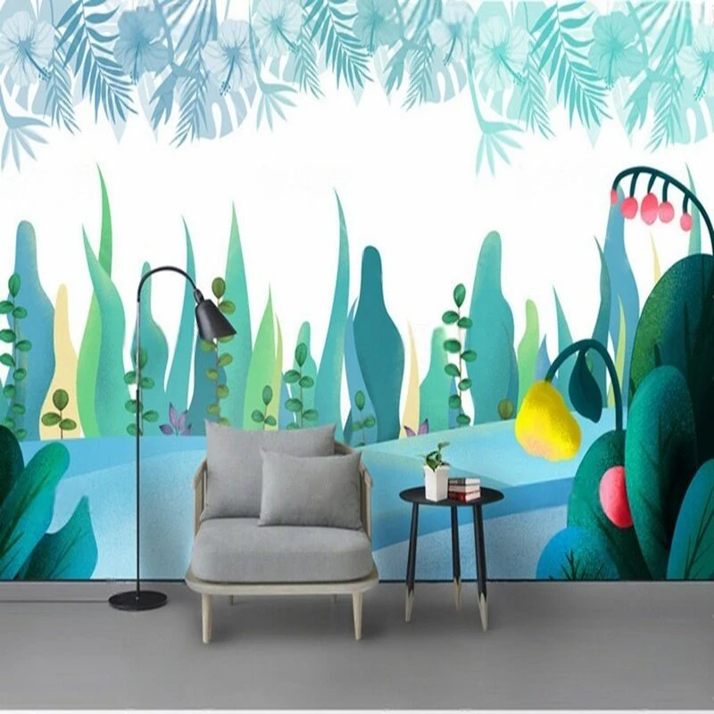 Modern Minimalist Fresh And Elegant Hand-Painted Natural Landscape Wall With Plants And Flowers Featuring A Rural Background