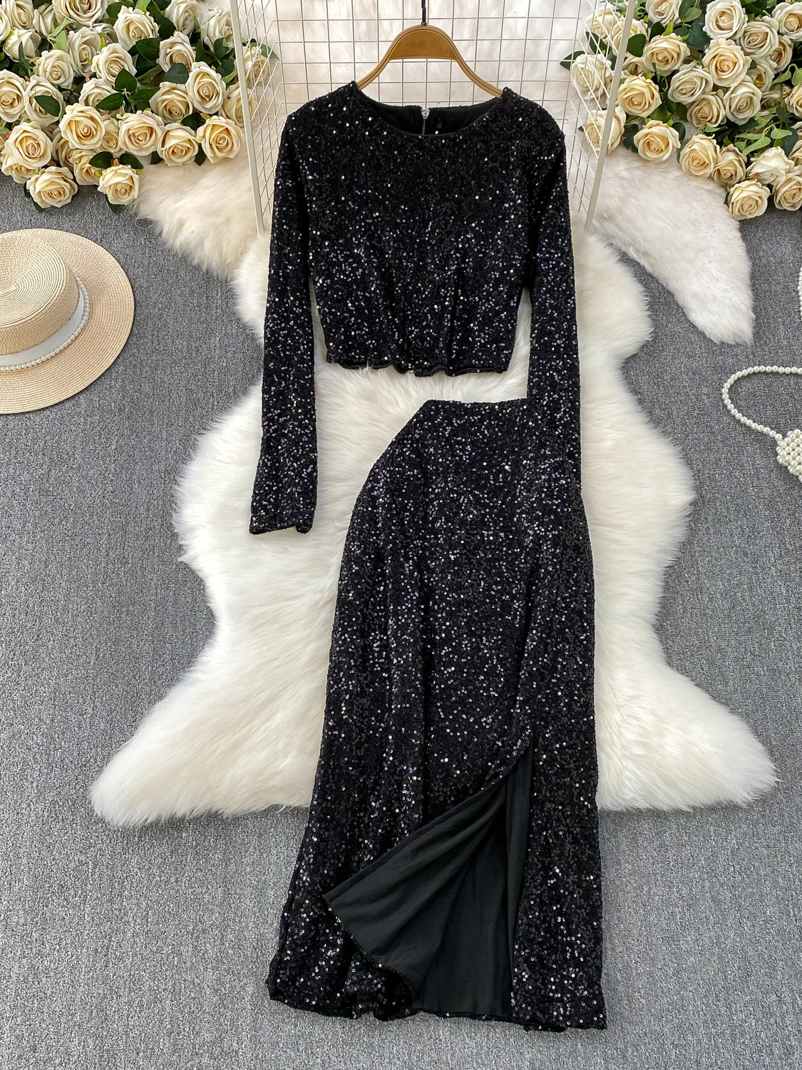 iny Lentejuelas redondas Ne Top Cintura alta Adelgazante Falda de longitud media Conjunto de dos piezas para mujeres Commute Sle Winter Faion