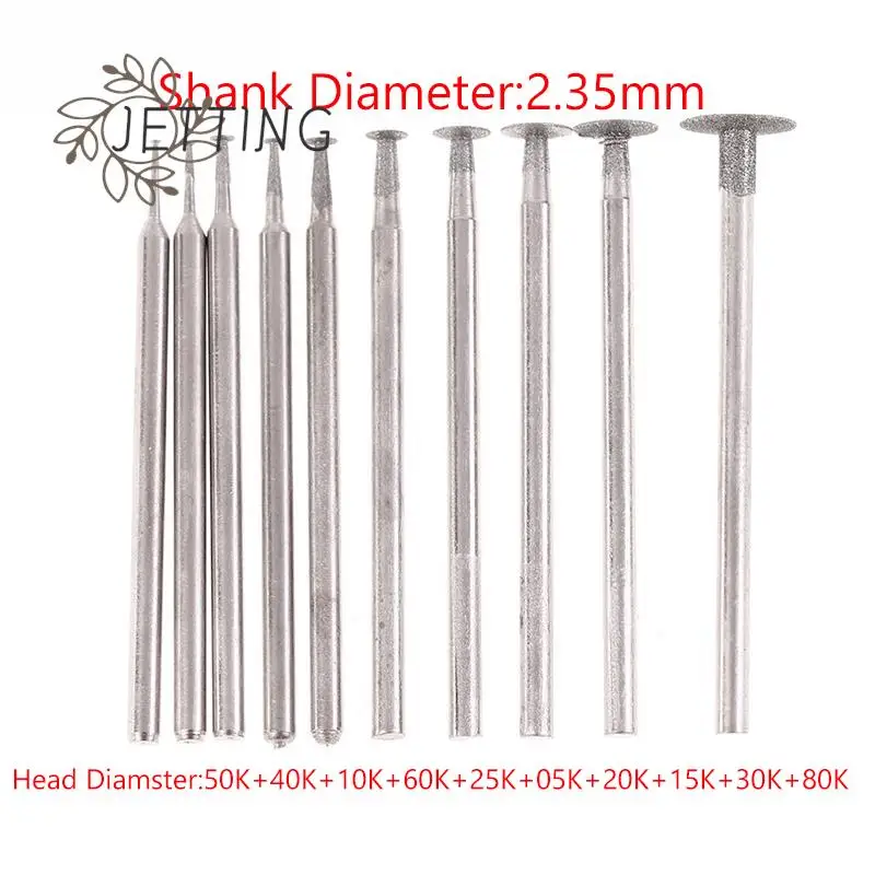 10PCS Grinding Bit Accessory Ultra-Thin T Head Shank Diamond Mounted Point Stone Jade Carve Polish Engrave Tools Set 2.35mm