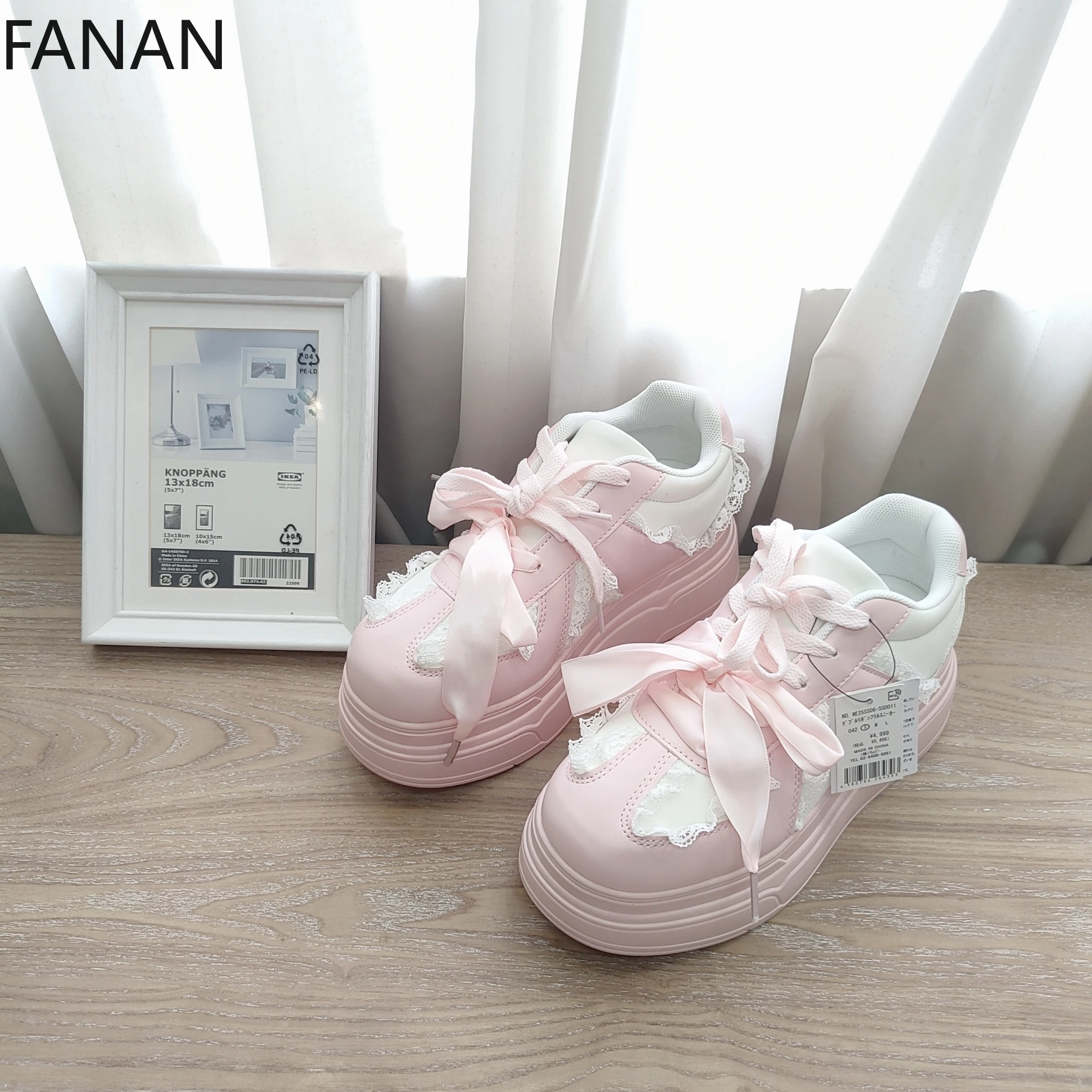 Flats Lace Women's Casual Shoes Lace Japanese Style Pink Lace Chunky Sneakers Sweet Breathable White Shoes Heels Pumps