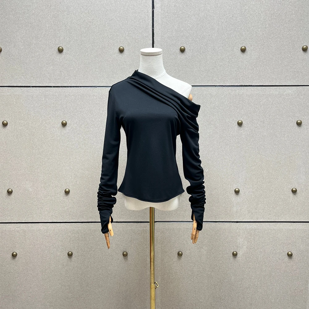 Women Asymmetric Off Shoulder Long Sleeve T Shirt Solid Color Ruched Sleeve Slim Fit Tees Ladies Elegant Party Casual Basic Tops