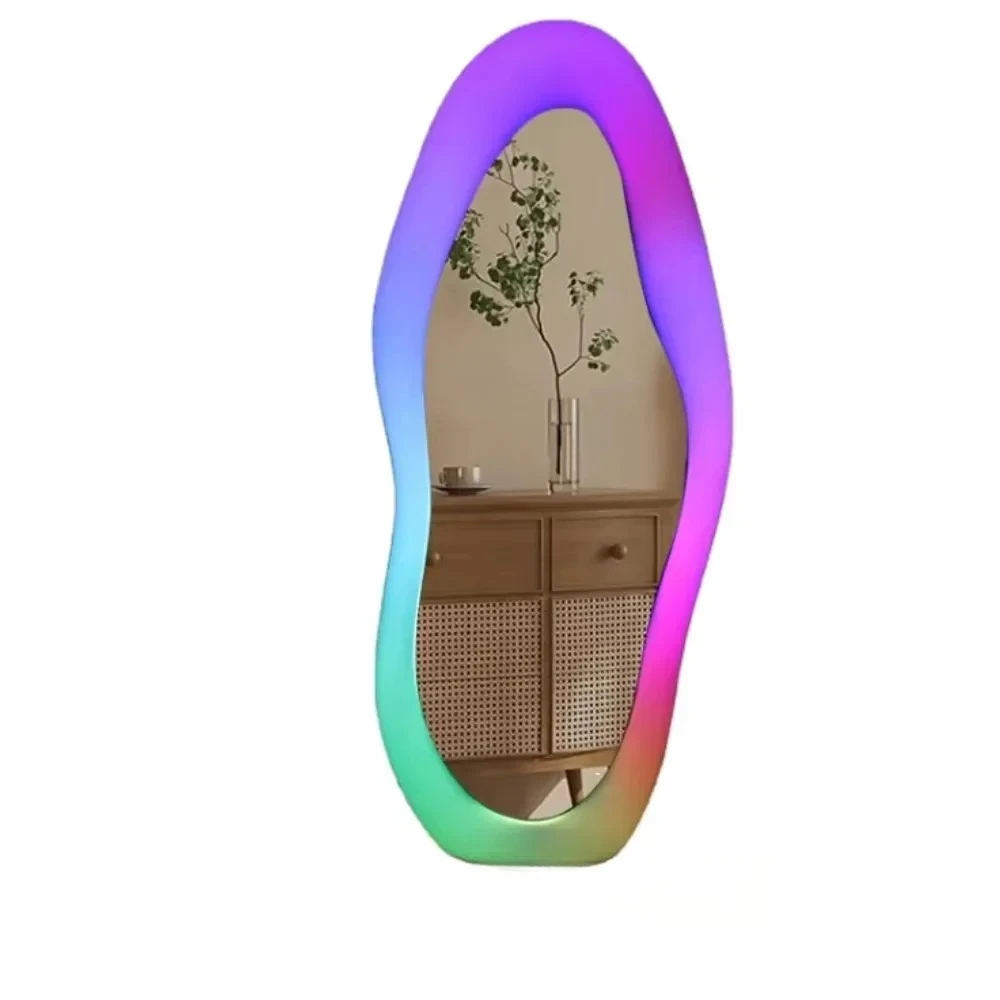 RGB LED Floor Mirror Irregular Mango Shape Full Length Mirror Modern Plastic Frame Cloud Mirror Home Decoration Dressing Mirror