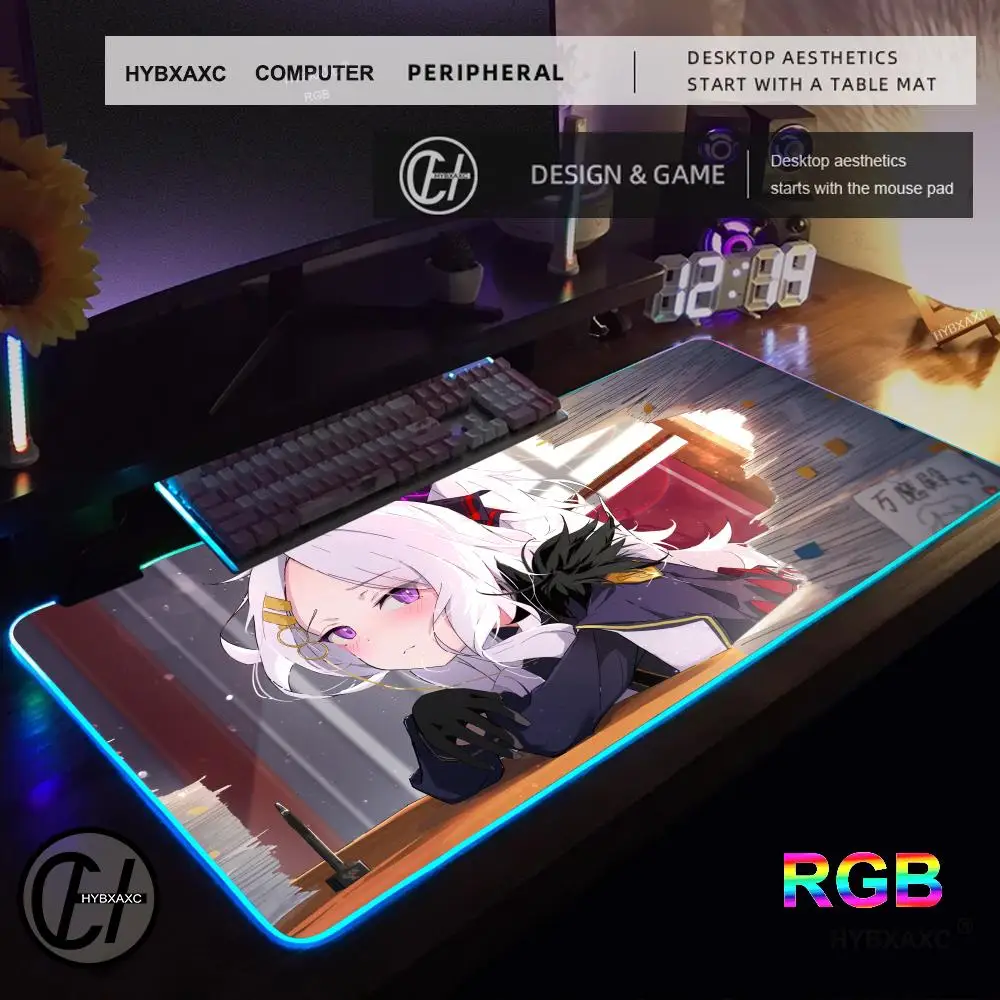 HYBXAXC Mouse Pad RGB Gaming Mouse Pad Desk Mat HD Gamer Large LED Light XXL Game Blue Archive Cute Sorasaki Hina RGB Mouse Pad