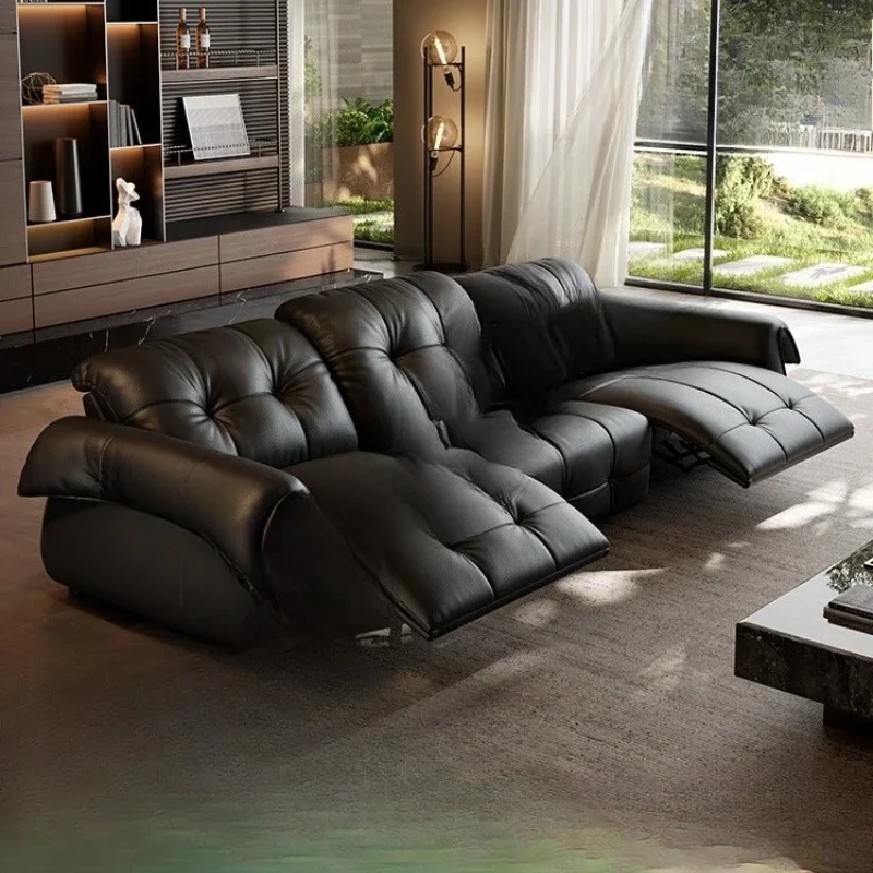 Medieval leather sofa living room modern simple first-layer cowhide electric function zero wall sofa
