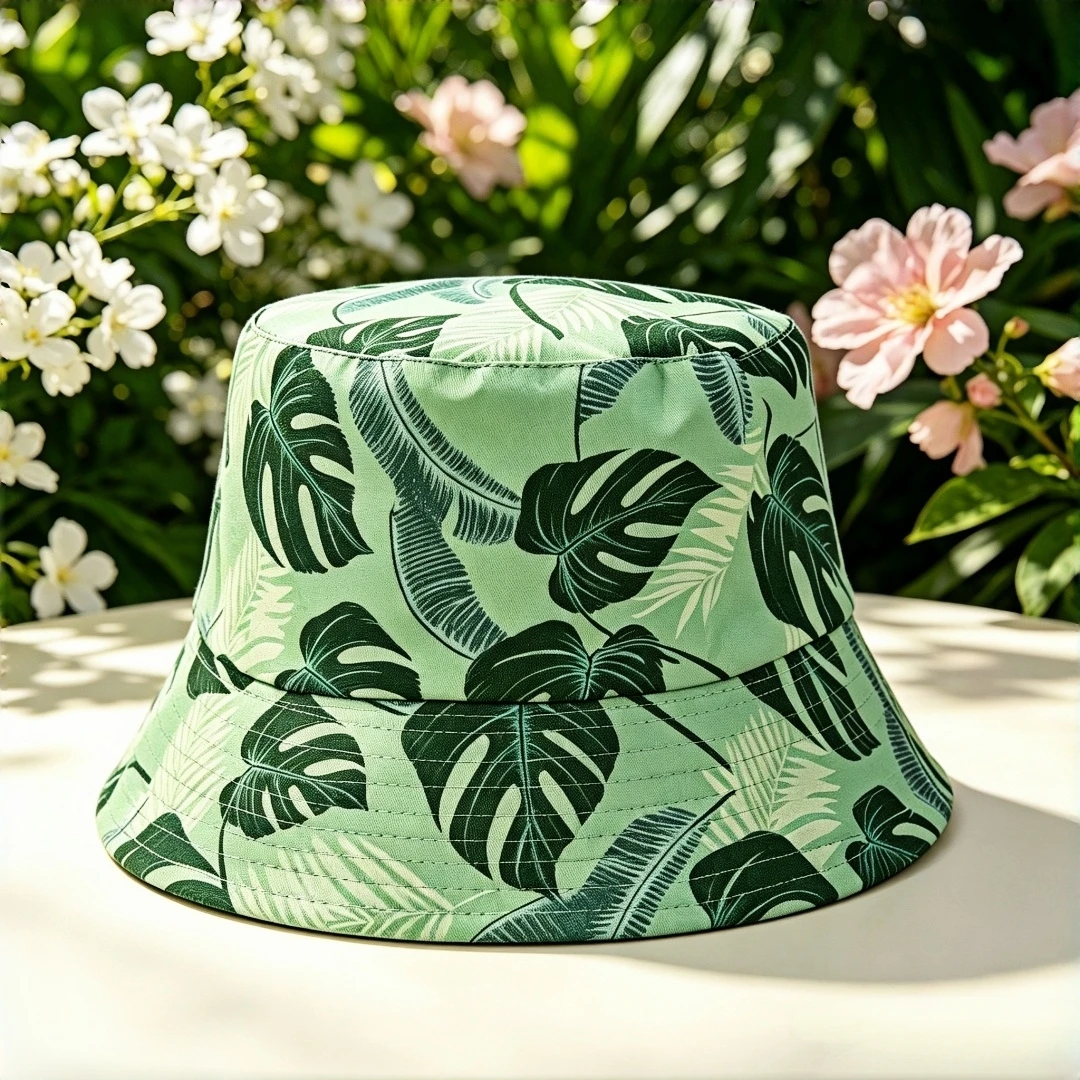 Tropical Monstera Leaf Print Bucket Hat for Men Women Light Green Palm Pattern Fisherman Cap Lightweight Foldable Beach Sun Hat