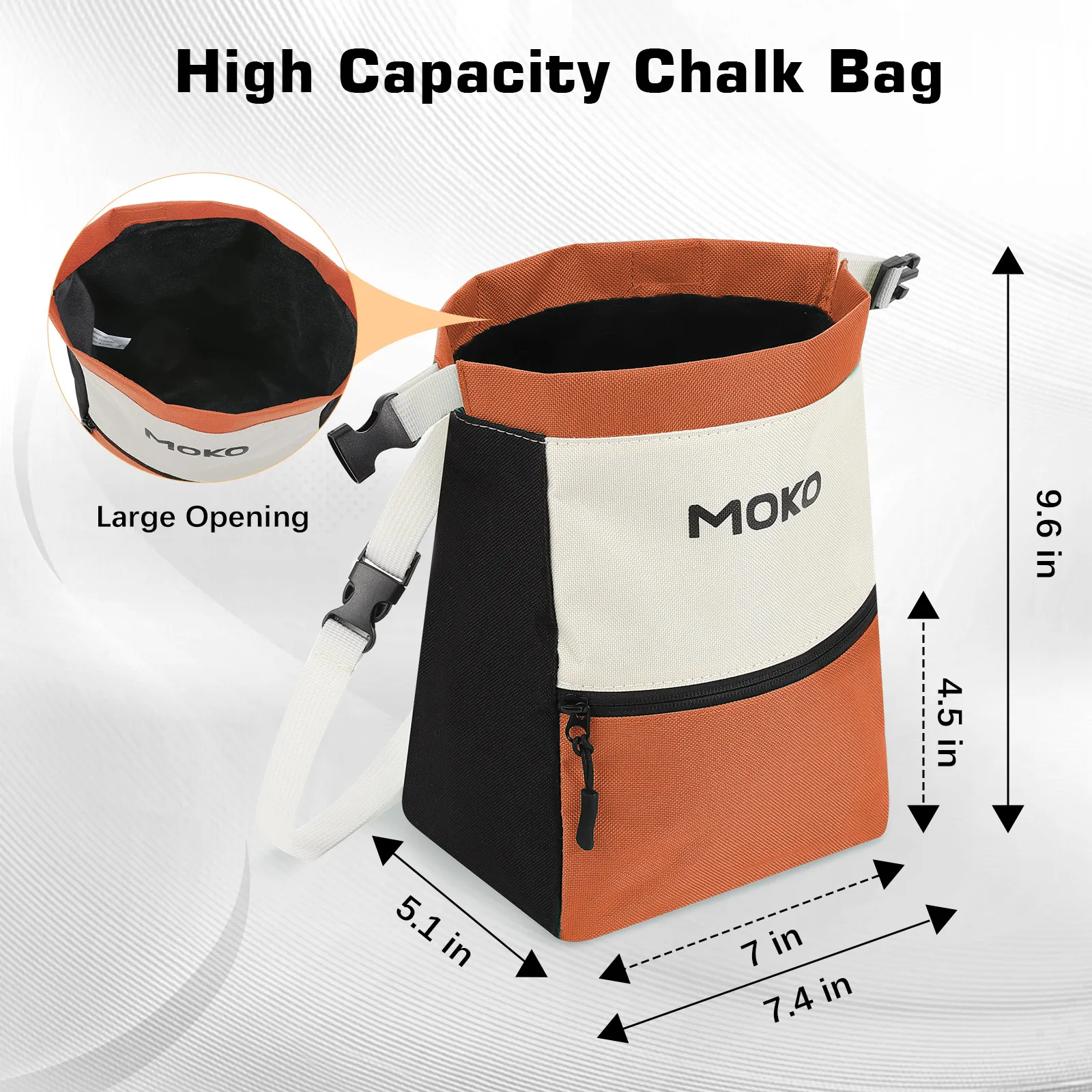 MoKo Kreidetasche zum Klettern, große Kapazität, Kletterkreidetasche mit magnetischem Druckknopf und Reißverschlusstasche, tragbarer Kreideimer – Detail 9