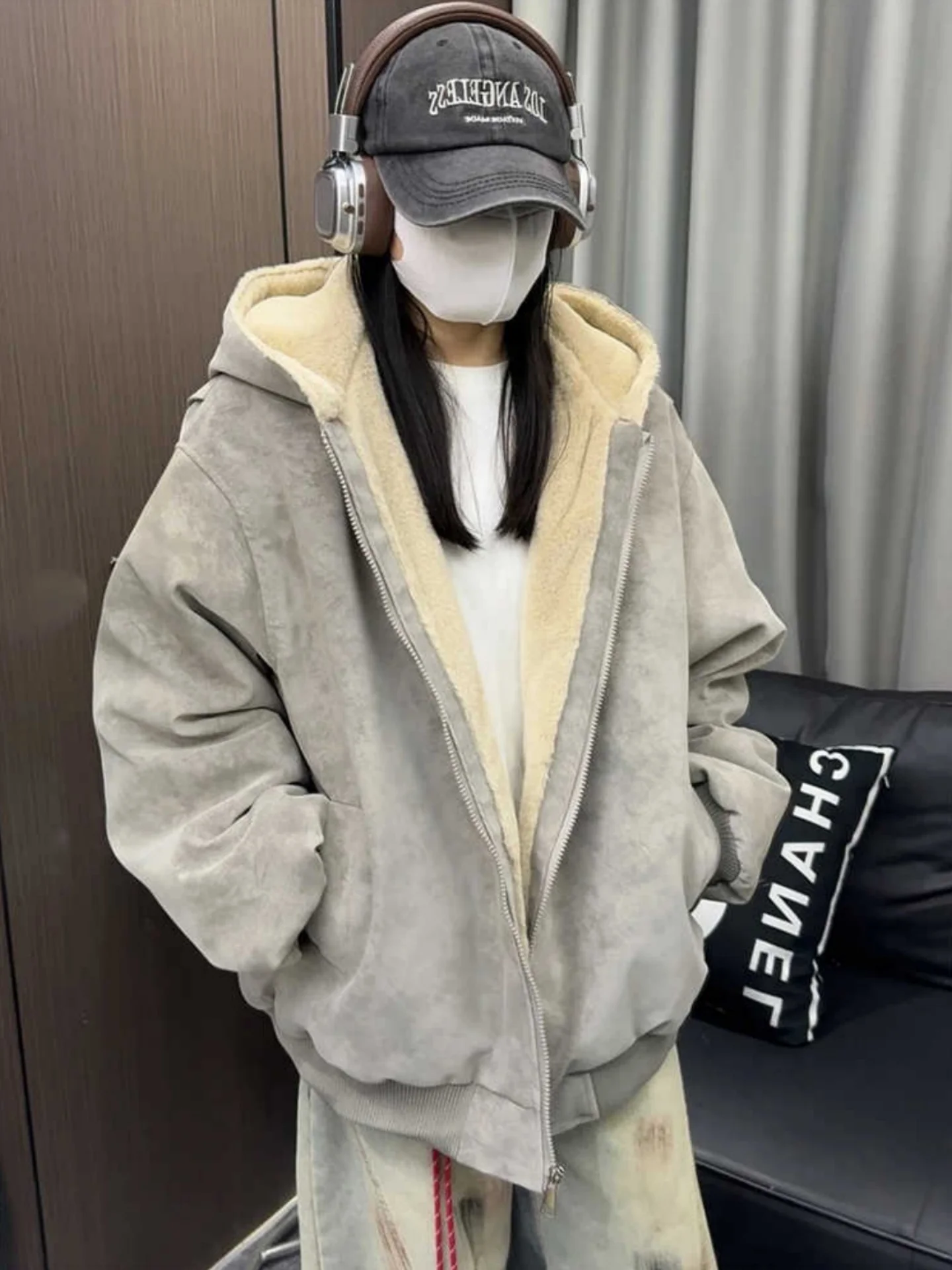 

Retro American PU Leather Mountain Eagle Cotton Jaet Men's Winter Thiened Faux Rabbit Fur Hooded Coat Warmth Couple ...