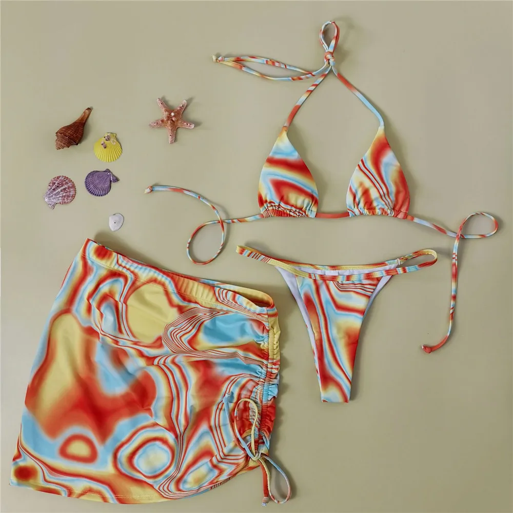 

Color Wave Striped Print Thong Micro Bikinis Sets 3 Piece Sexy Swimsuit Women 2025 Holiday Swimwear Halter String Bathing Suit