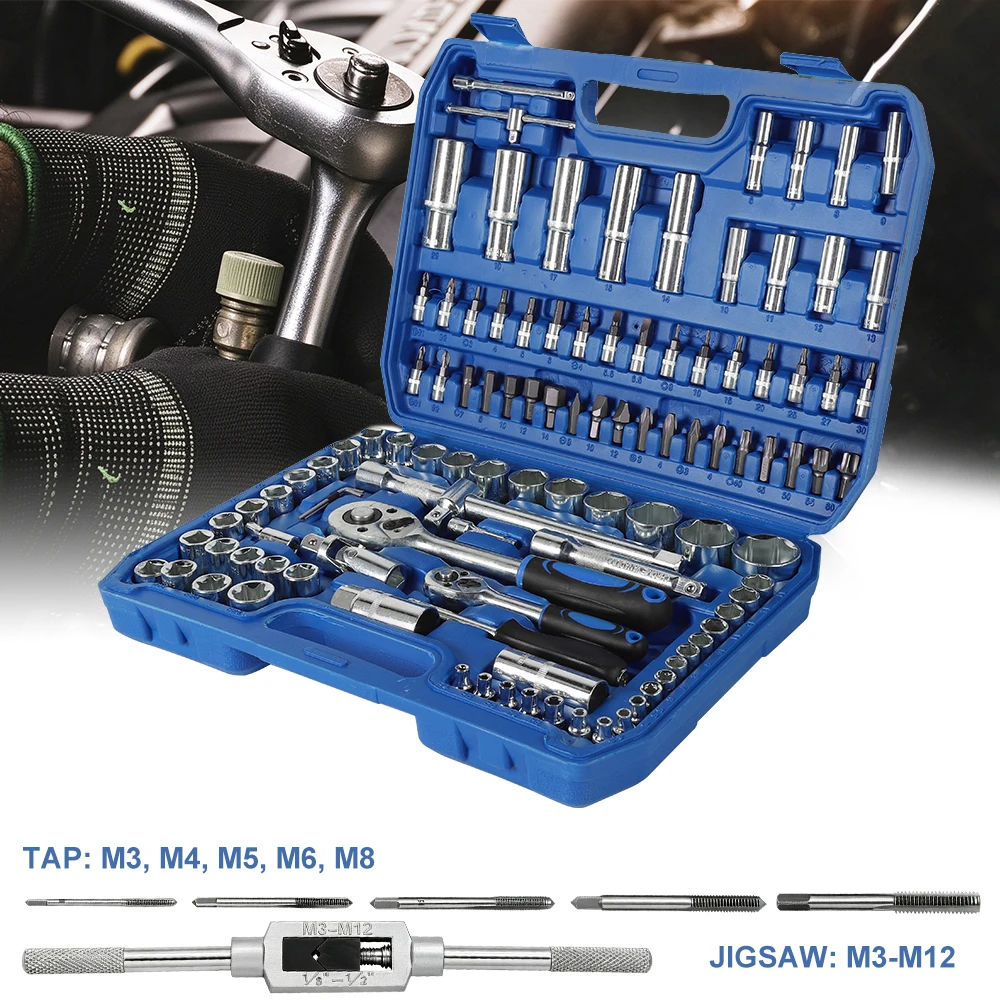 Set di 108 Pezzi di Chiavi a Bussola con Cricchetto + Set di 6 Chiavi per Maschiatura, Kit di Attrezzi per Riparazione Auto, Chiave Dinamometrica a Cricchetto 1/4 1/2, Kit Combinato di Utensili