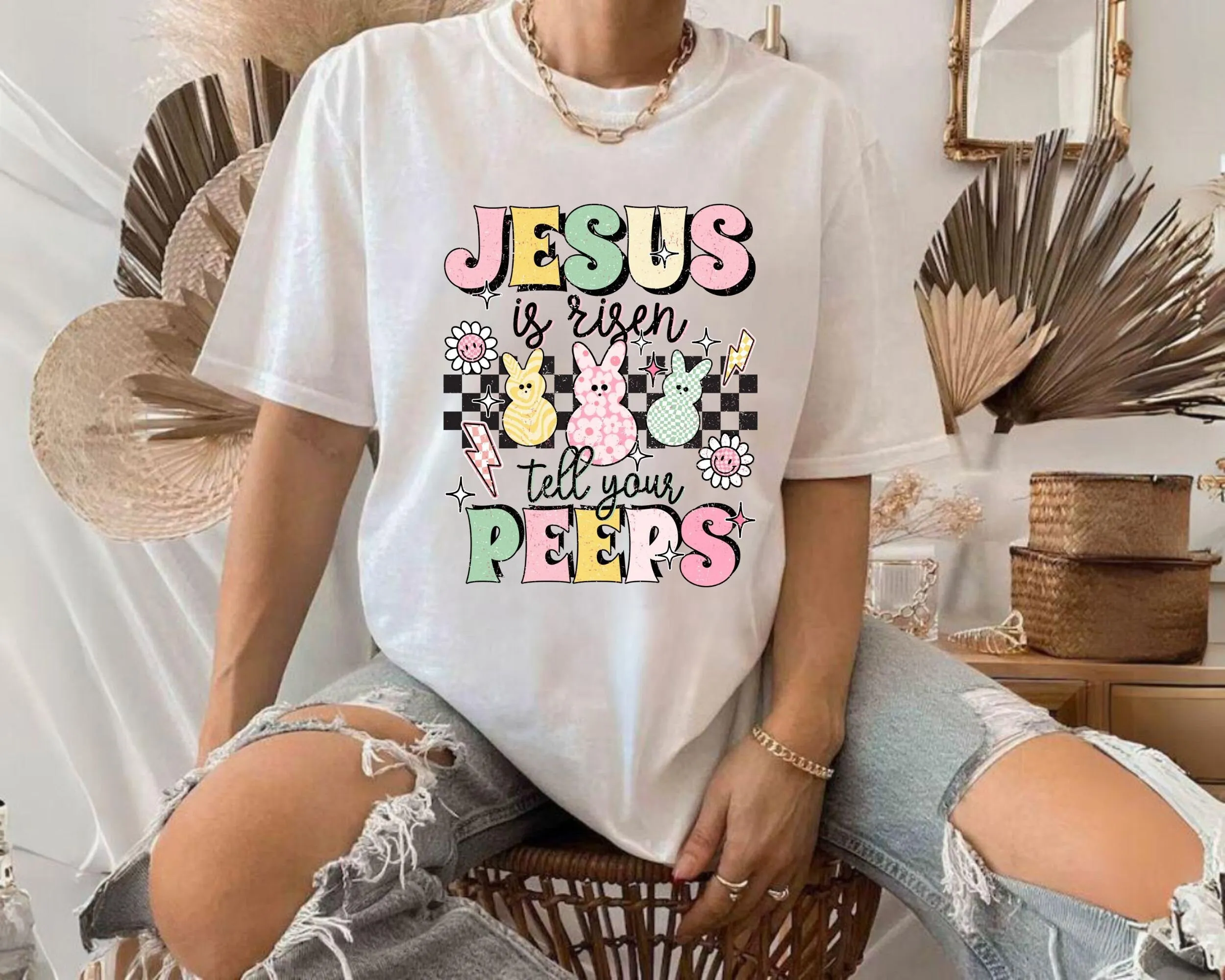 Jesus Is Risen Tell Your Peeps T Shirt Easter Christian Religious Crewneck Cute Top