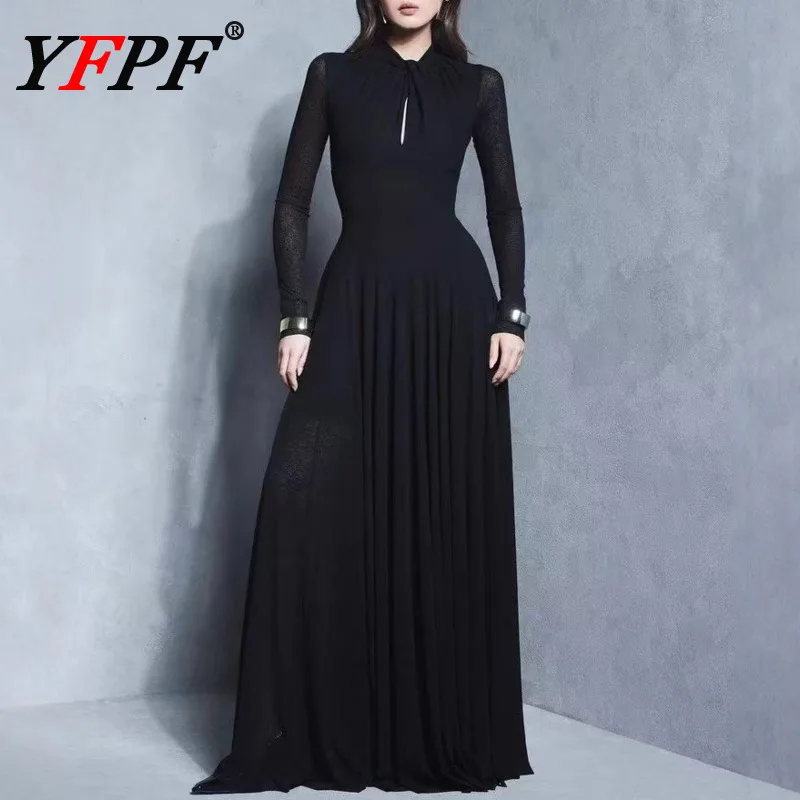 

YFPF элегантное длинное платье со складками для женщин с круглым вырезом и высокой талией, тонкие темпераментные вечерние платья, мода 2026, новая одежда