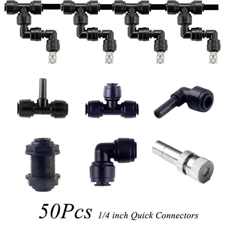 50pcs 1/4 inch Quick Connectors Slip Lock Joint T Joint L Joint Plug Fittings for Outdoor Low Pressure Misting Cooling System