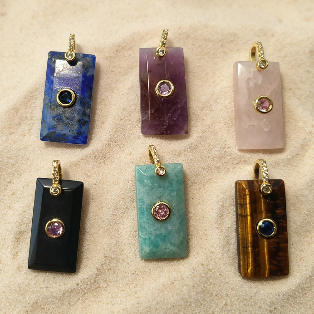 Rectangular Bar Natural Semi Precious Stone Charms Golden Plated CZ Inlay Bulk Mixed Stones DIY Craft Components P2D1007