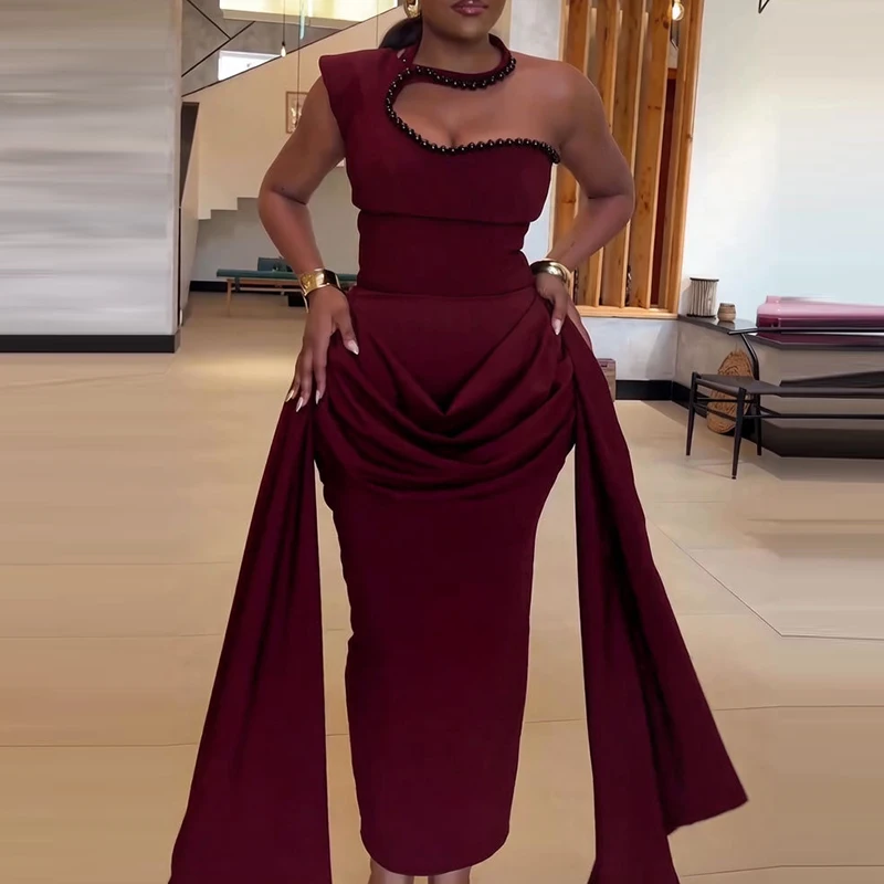 Sexy Slanted Shoulder Beading Decoration Dress Fashion Solid Asymmetry Evening Party Dress Elegant Lady Fit Ribbon Banquet Dress