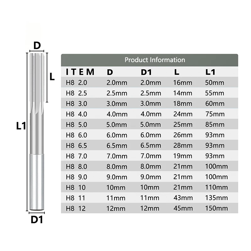 CMCP 1pc H8 Machine Reamer HSS Straight Shank Chuck Milling Reamer 6 Flute 2-12mm For Metal Steel Aluminum Hole Drill