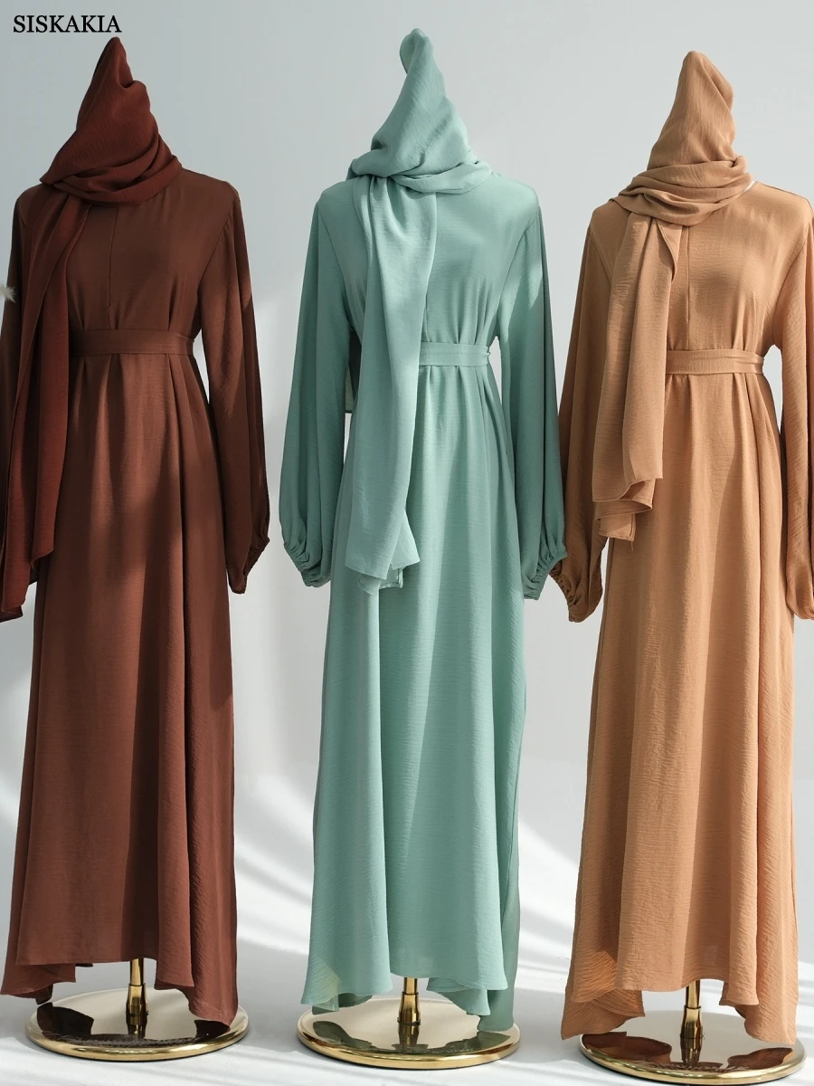 Siskakia – robe musulmane élégante à manches groupées, ceinture incluse, Abaya solide de dubaï, col rond, Kaftan 2025