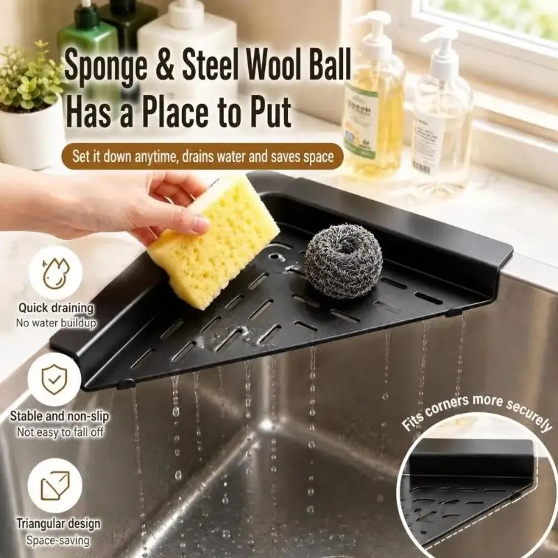 Large Capacity Non-slip Sink Drain Rack Triangular Durable Easy Install Kitchen Countertop Organizer for Cleaning Tools