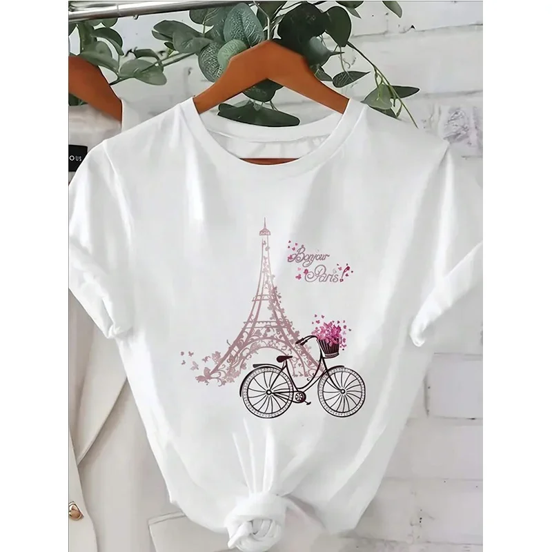 Damen-T-Shirt mit Blumenmuster, Eiffelturm und Fahrrad, bedruckt, lässig, kurzärmelig, Rundhals-T-Shirt, Grafik-T-Shirts, Damen, weiße Tops
