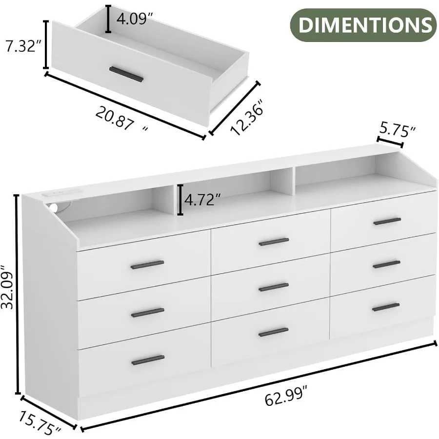 خزانة ذات 9 أدراج لغرفة النوم مع مخرج طاقة، خزانة ذات أدراج حديثة مع خزائن تخزين بإضاءة LED مع Stora مفتوحة #2