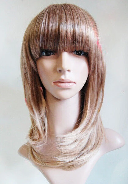 Mid Length with Fringe Auburn Brown Blonde Synthetic Wig