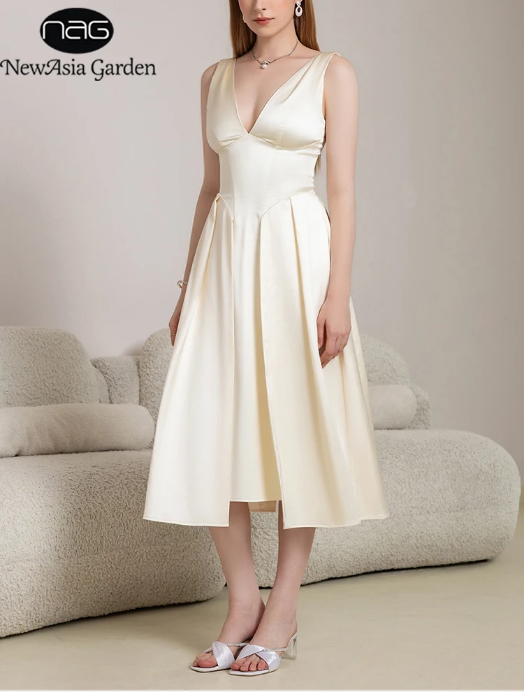 뉴아시아 여성용 섹시 백리스 V넥 샤이니 새틴 미디 드레스 이중 레이어 브라컵 내장 우아한 플리츠 A라인 이브닝 가운
