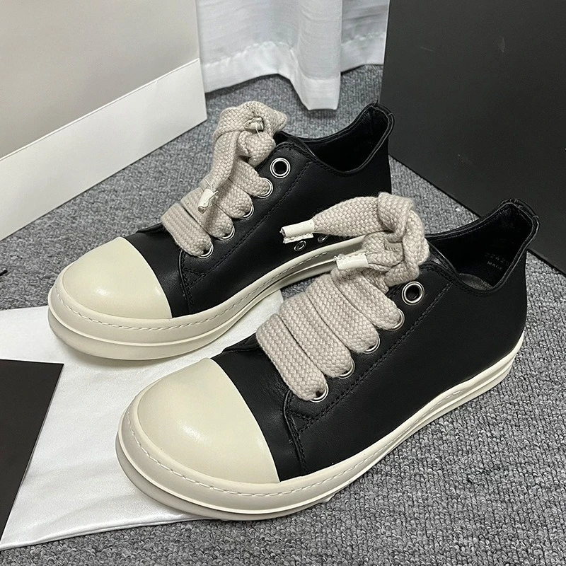 Ro Black Leather Sneaker Men Low Top Shoes Genuine Leather Jumbo laces Women's Sneakers Fashion Solid Lace-up Men Casual Shoes
