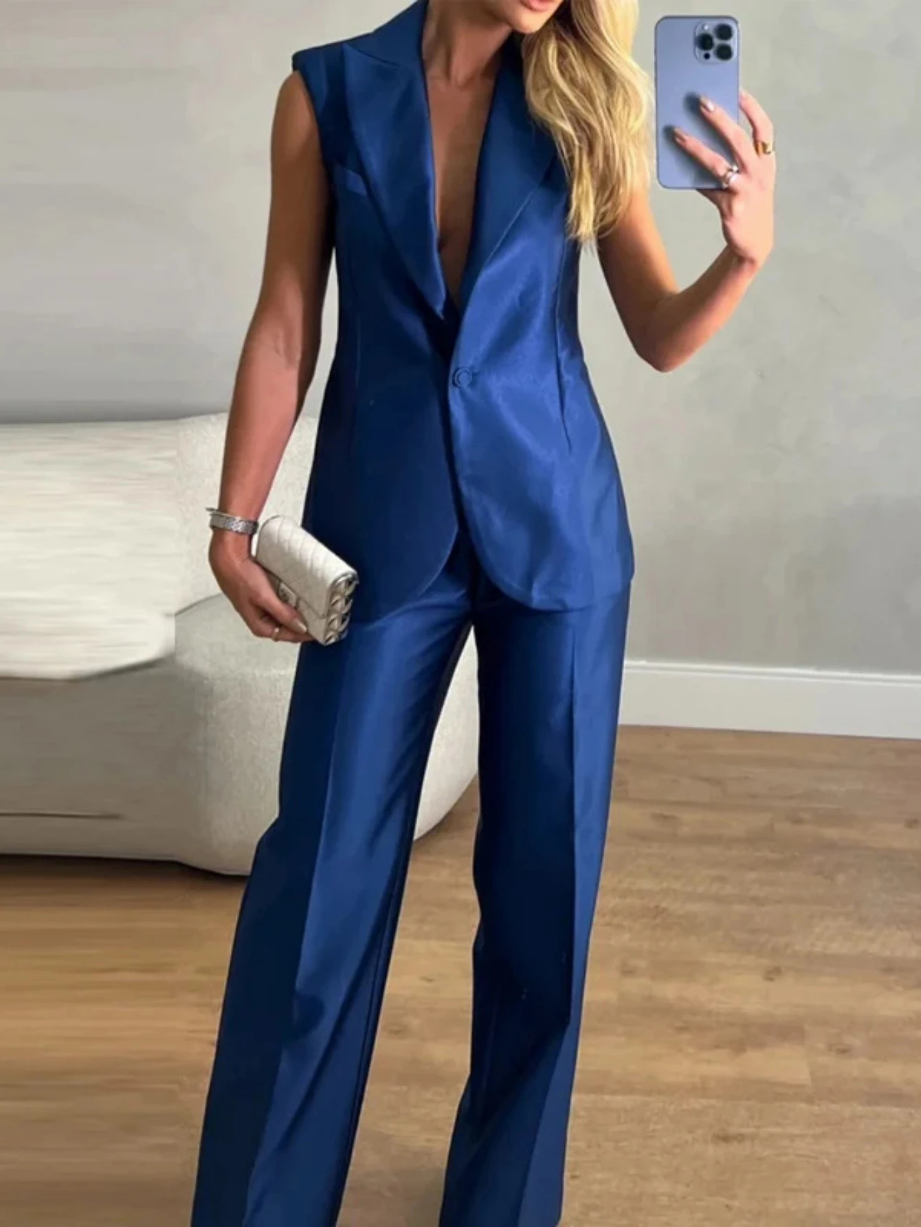 Women Two Piece Set Vests Splice Pant Sets Button Turn Down Collar Sleeveless Coat Backless Straight Trousers Regular Solid