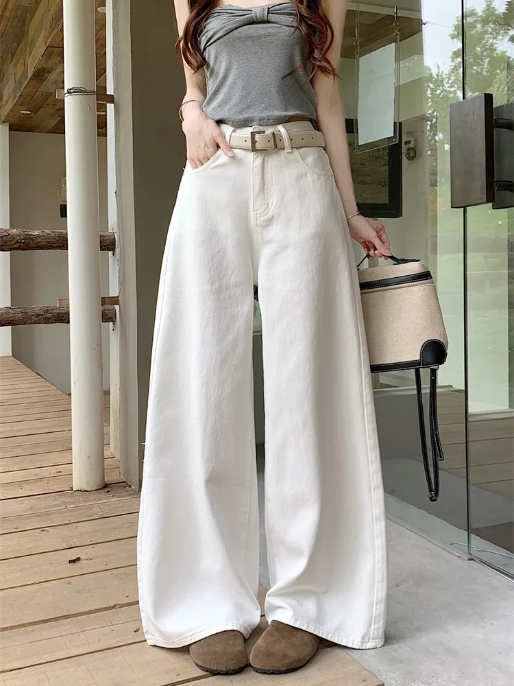 

High Waist Loose Fit White Denim Jeans Retro Style Casual Pants for Women Summer Versatile Drapey Wide Leg Casual Trousers