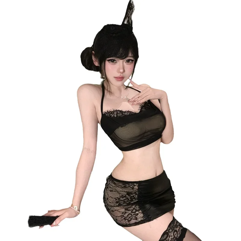Sexy Lingerie Lace Rabbit Design Sheer Mesh Bodycon Dress Pure Desire Style No-take-off Uniform Seductive Set
