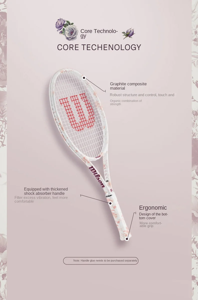 Wilson 2024 New Floral Pink Tennis Racket for Girls Beginner Full Carbon Racket Adult Advanced Racket