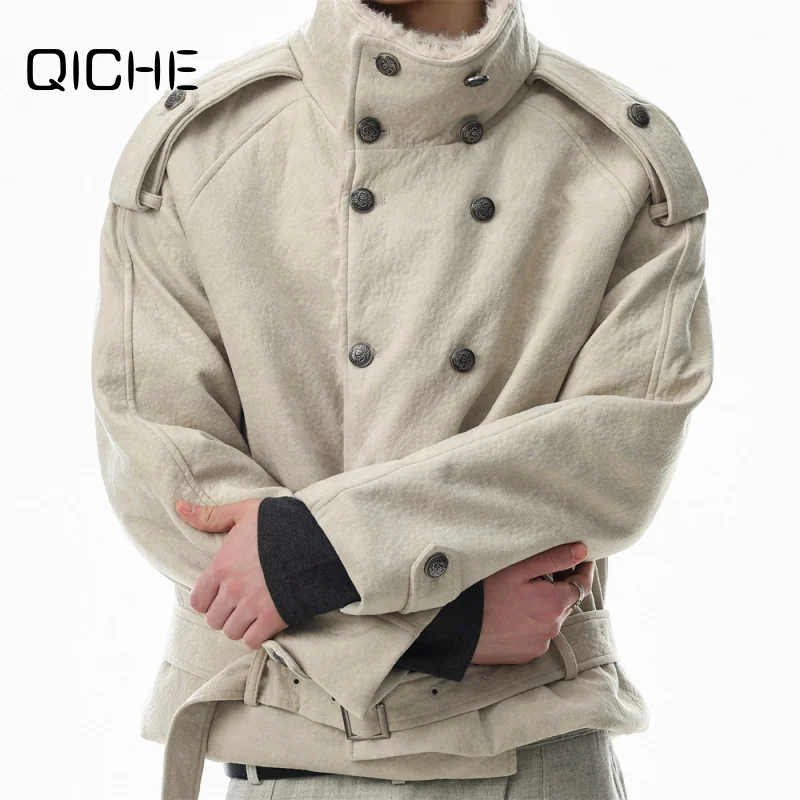 QICHE Winter American Loose Casual Padded Coat for Men, Double Breasted Stand Collar Belted Trendy Cotton Jacket