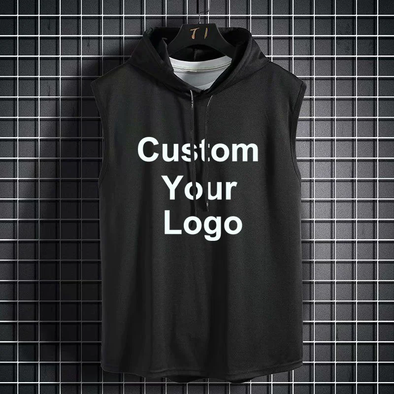 Men's Customize Your Logo Workout Hoodie Tank Top Sleeveless Get Fit Hooded Cut Off Shirt Lace-up Bodybuilding Muscle T Shirts