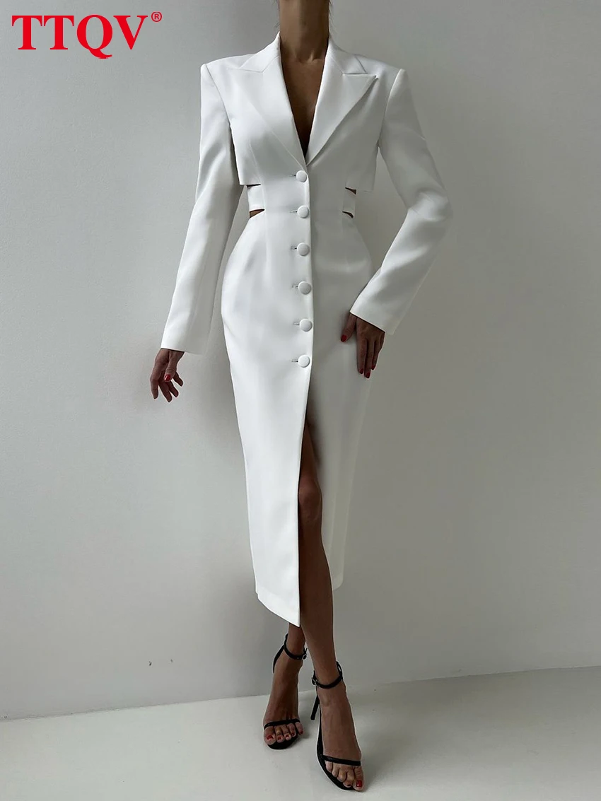 

TTQV Fashion Slim Black Women's Dress 2024 Elegant Lapel Long Sleeve Office Ankle Length Dresses Casual Classic Female Dress