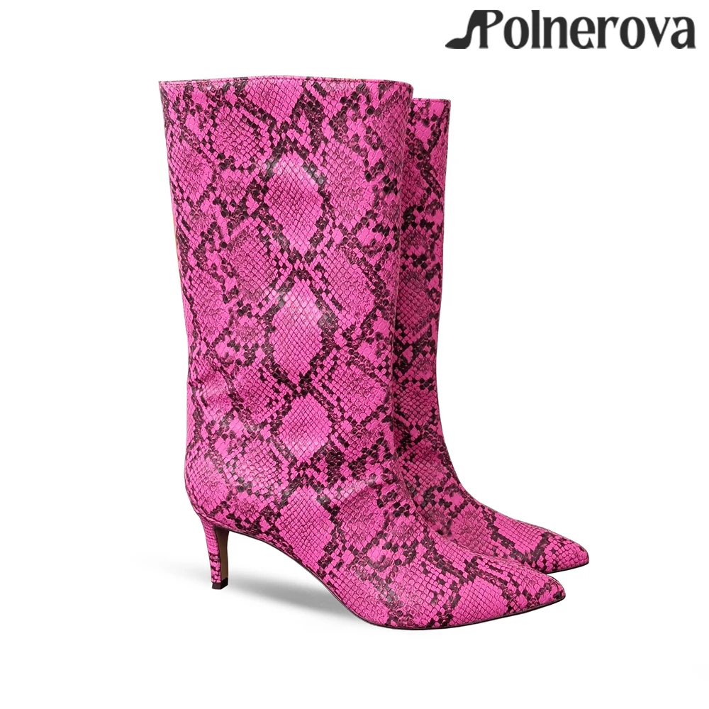 Colorful Snake Pattern Mid-Calf Tubular Boot 7.5cm Stiletto Heel Modern Boots Fashion Style Slip-On Boots Women's Handmade Shoes