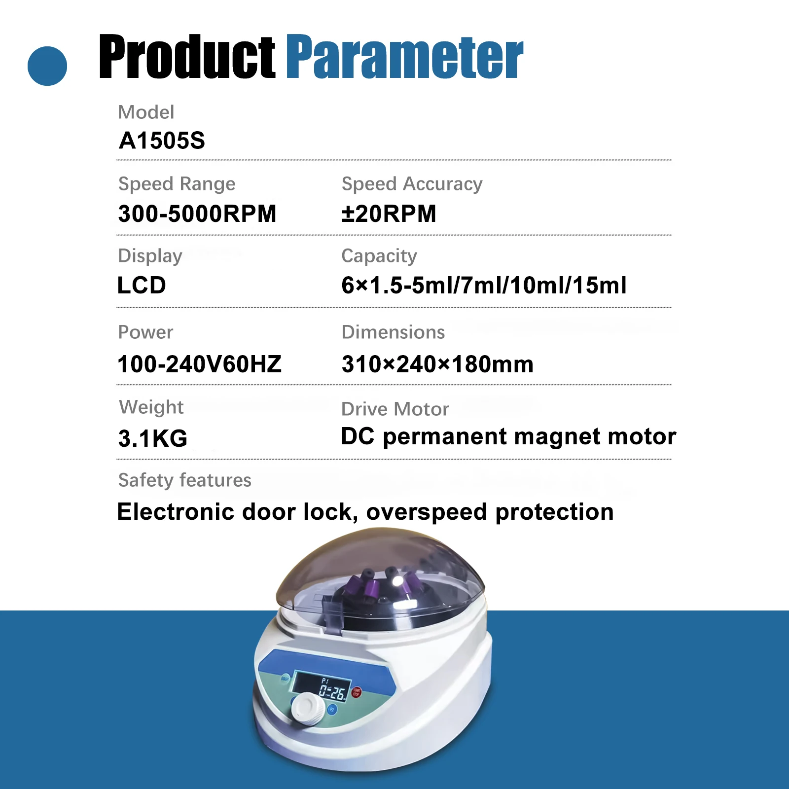 Low-Speed Centrifuge Machine 300-5000rpm Capacity with 6*15ml/10ml/7ml/1.5ml Quiet Operation for Lab Science Biochemistry