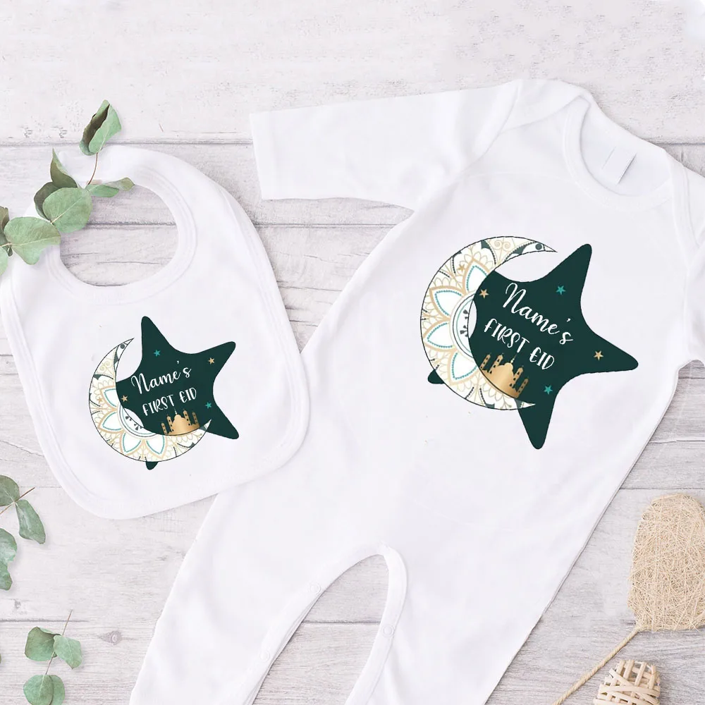 Personalized Baby First Eid Outfits Custom Name Newborn Sleepsuit & Bibs Set Clothes Islamic Muslim Holiday Infant Clothes - view 6