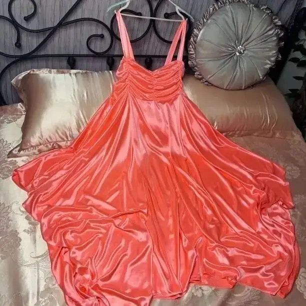 Within100kg Vestido longo de cetim feminino sexy brilhante sem mangas vestido de noite solto plus size roupão de dormir