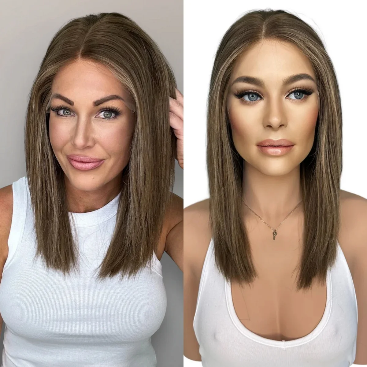 18 Inches Natural Straight Synthetic Lace Top Wigs Ombre Chestnut Brown with Blonde Highlights 13*4 HD Middle Part Glueless Wigs