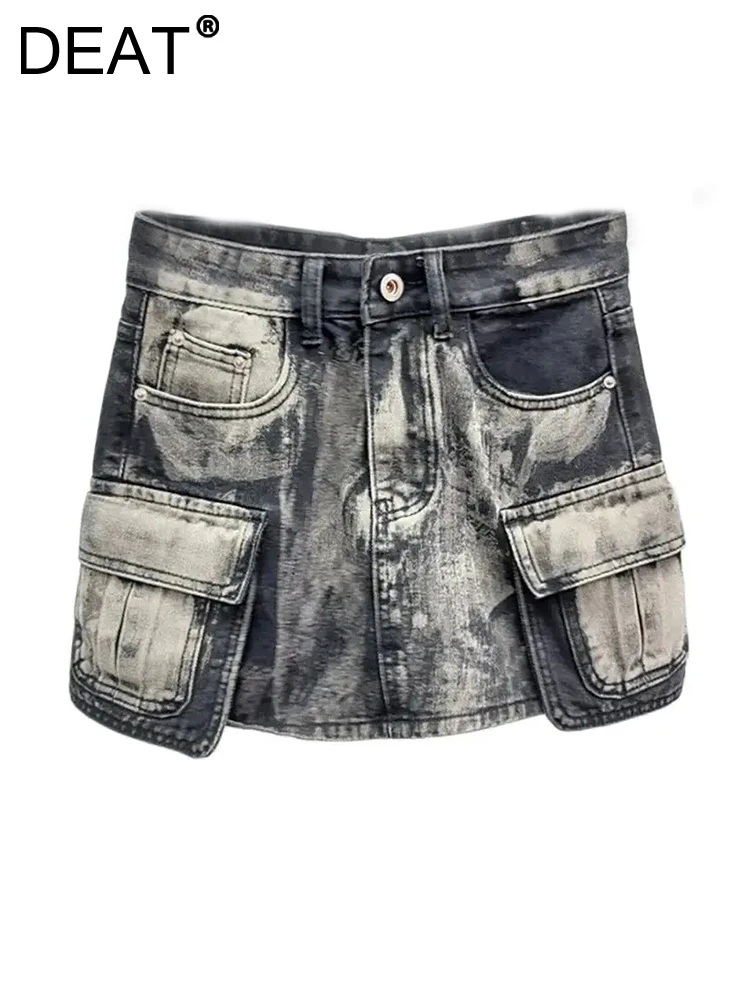 

DEAT Women's Denim Skirts High Waist Multiple Pockets Vintage Washed Tie-dye Mini Cargo Skirt 2024 Autumn New Fashion 29L7317