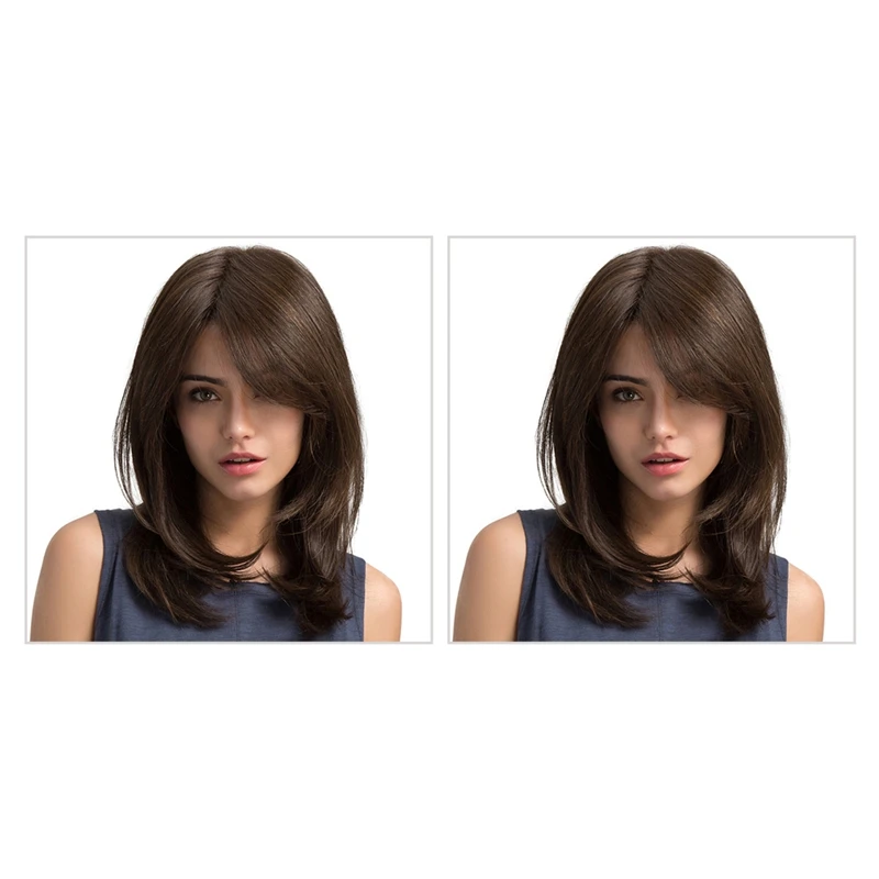 

2X Women Hair Wigs Ladies Party Daily Natural Wave Dark Brown Side Parting Synthetic None Lace Wigs With Bangs