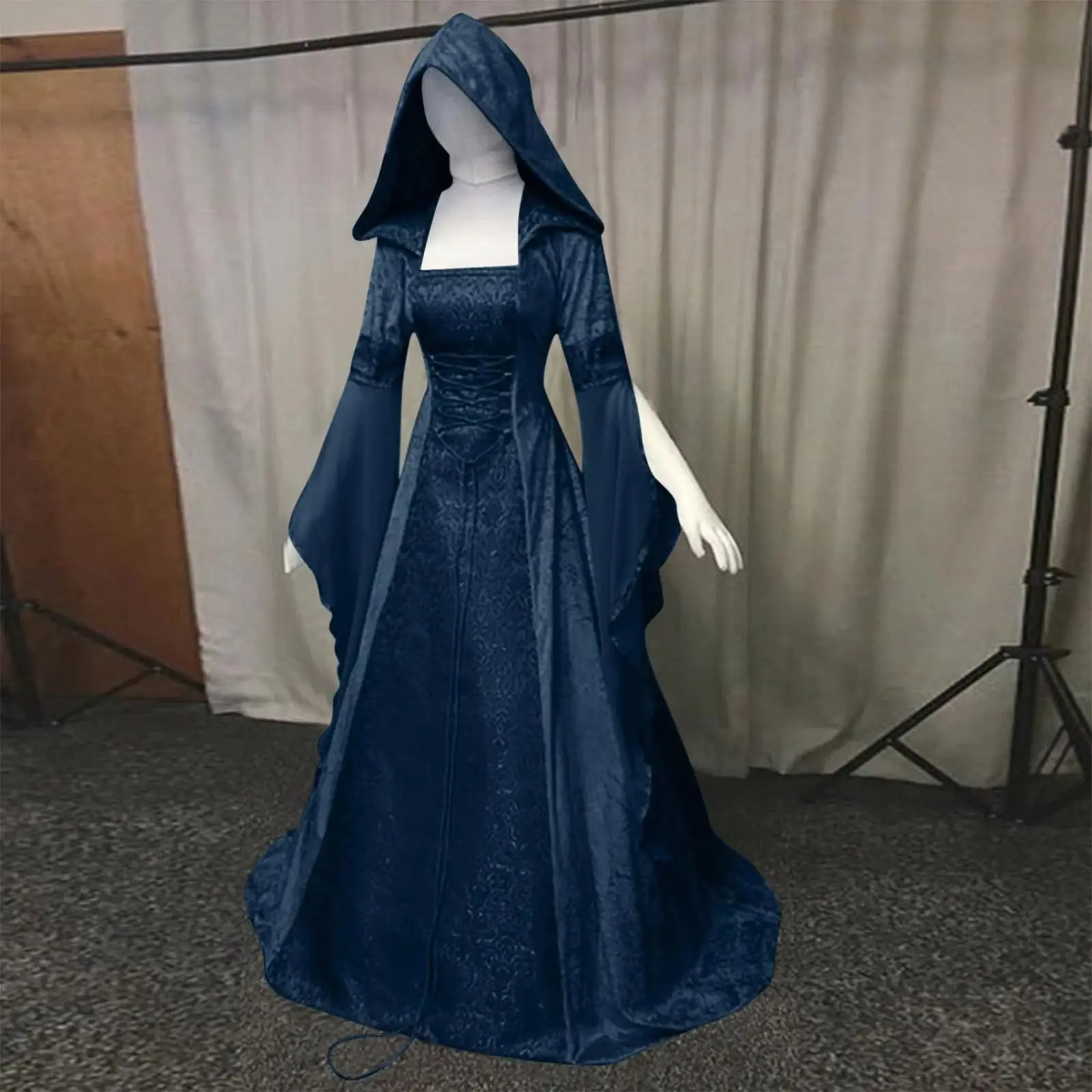 

Women Deluxe Witch Dress Medieval Renaissance Maxi Train Dress Halloween Devil Pagan Witch Wedding Cos Costume Hooded Gown Robe