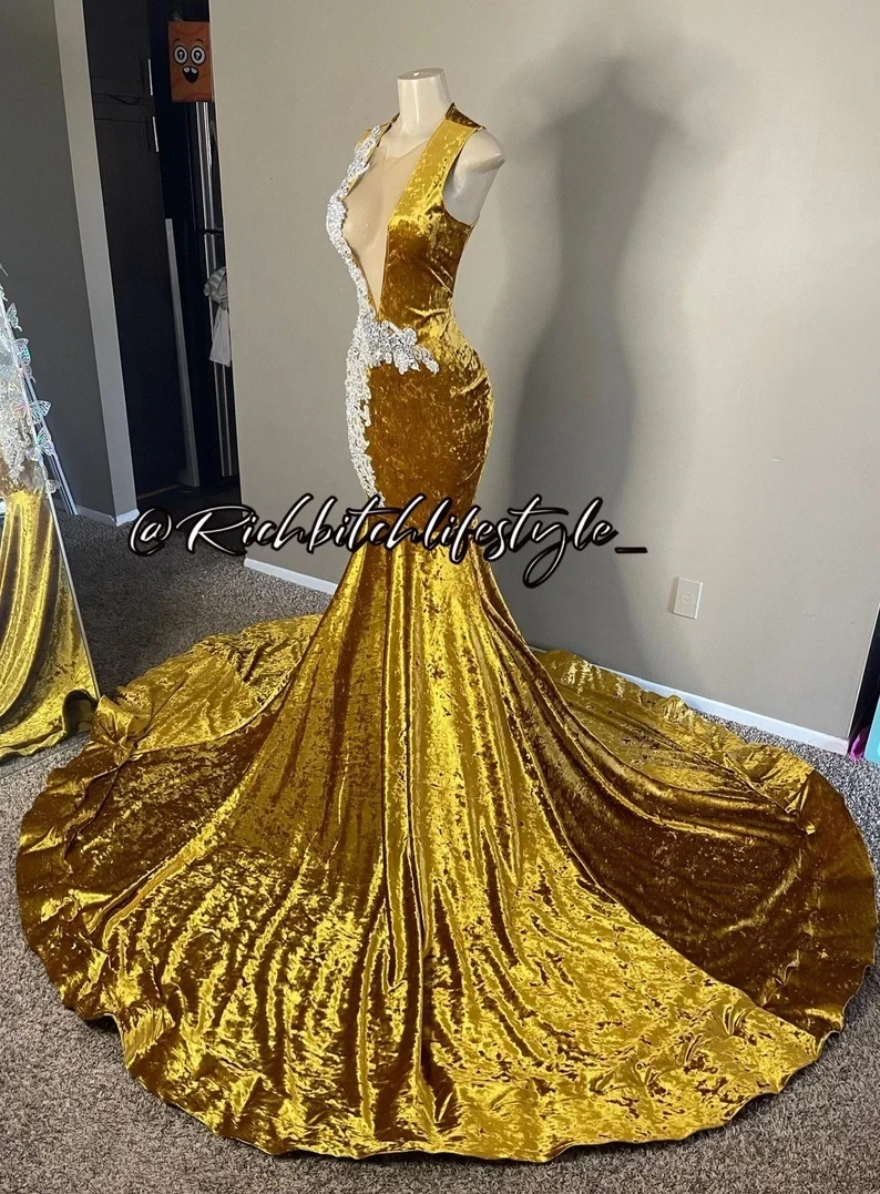 Vestido De graduación africano americano dorado, vestido De noche con apliques De terciopelo transparente De sirena para niñas negras, vestido De noche nigeriano