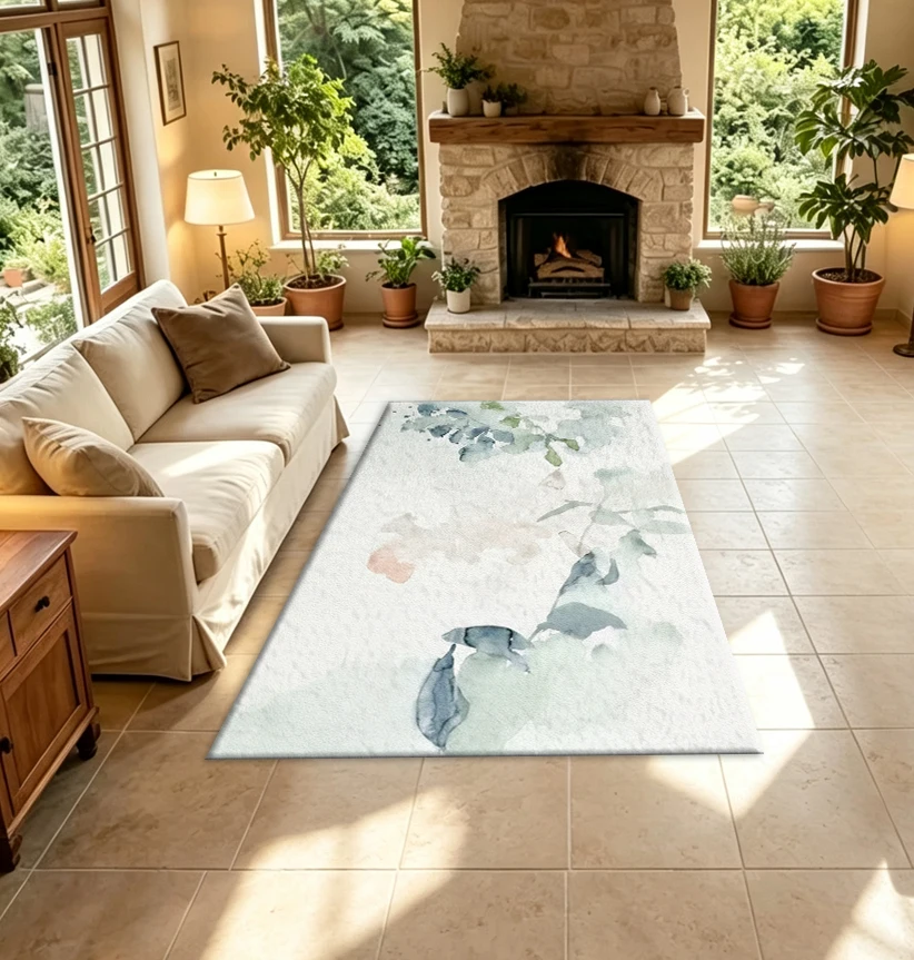 Soft Watercolor Botanical Leaf Carpet Rug Sage Green Blush Pink Gentle Abstract Floral Household Area Rug