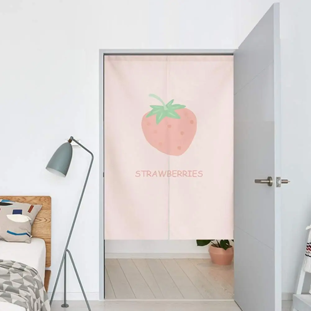 Sweet Strawberry Art Noren Curtain, Pastel Pink Strawberry with Green Leaves, Waterproof Washable Japanese Style Curtain for