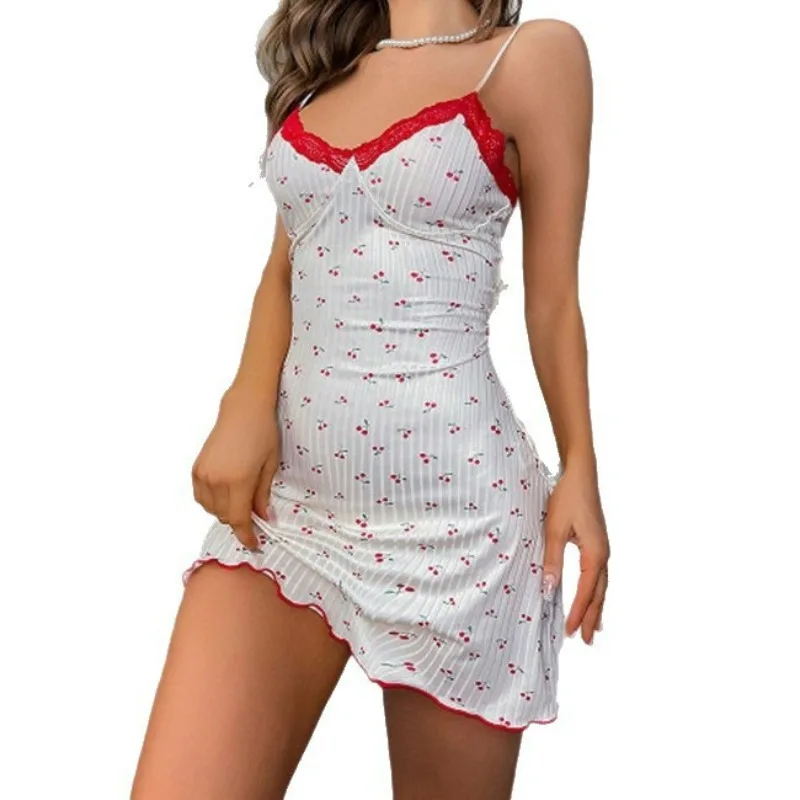 

Женская пижама-платье с принтом в виде сердечек, кружевной отделкой, сексуальная ночная сорочка без рукавов, облегающая, с V-образным вырезом, летняя ночнушка для взрослых