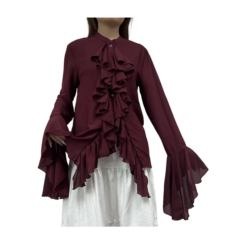 

AOAO-женские повседневные блузки с расклешенными рукавами и воротником-стойкой, топы с рюшами, летняя модная рубашка для отпуска