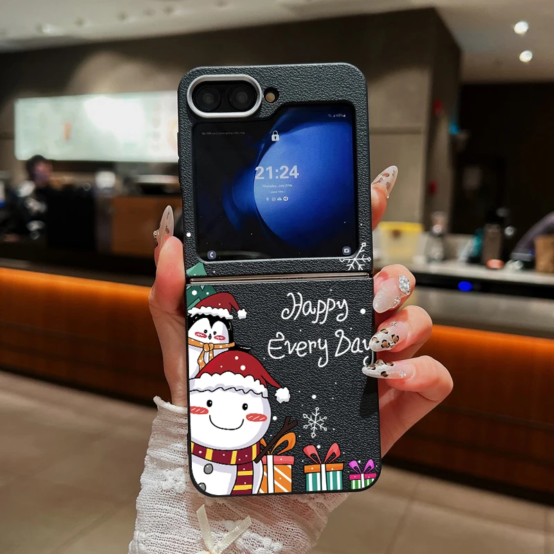 Christmas Snowman Case For Samsung Galaxy Z Flip6 Flip5 Flip4 Leather Texture Silicone Folding Cover For Samsung Z Flip 6 5 4 3