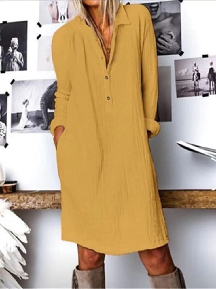 

Spring Summer Fashion Dress Women's Solid Color Cotton Linen Long Sleeve Dress Elegant V Neck Long Sleeve Party Casual Dresses
