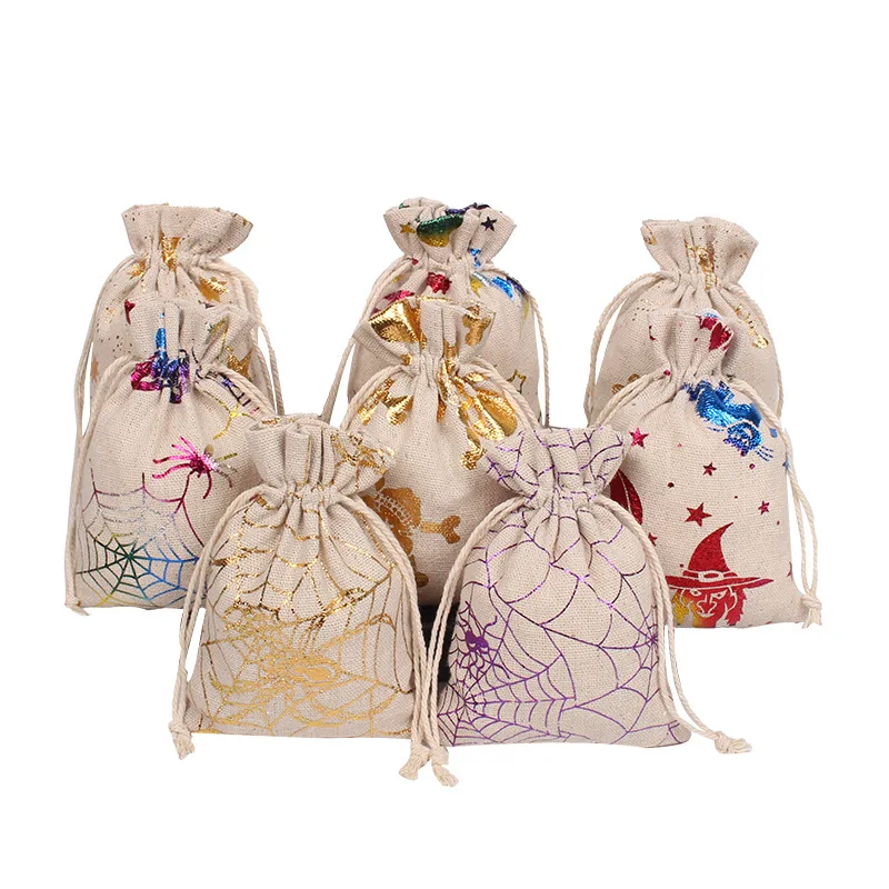 100Pcs/lot Halloween Cotton Drawstring Children's Gift Bags Gold-stamped Spider Web Cat Witch Pouches Candy Packaging Bag